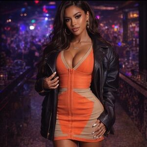 Y2K Bebe Coral & Tan Colorblock Bandage V-Neck Bodycon Dress, Size S